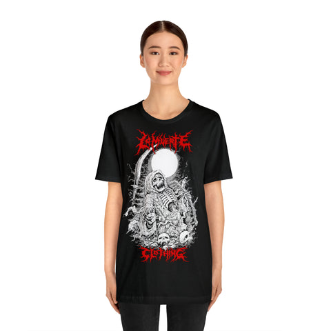 a woman wearing  Unisex Jersey Short Sleeve Tee with a skeleton on it