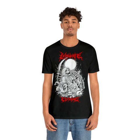 a man wearing a Unisex Jersey Short Sleeve Teewith a skeleton on it